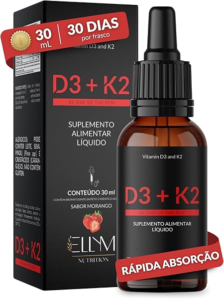 Vitamina D3 K2 em Gotas Sublingual 30mL ELLYM NUTRITION 2000 UI D3 + 120 mcg K2 Mk7 Sabor Morango Fo