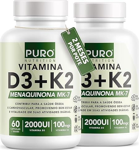 Kit 2 Vitamina D3 + K2 Puro Nutrition 2000 iu D3 com 100mcg de Vitamina K2 MK-7, 60 Cápsulas