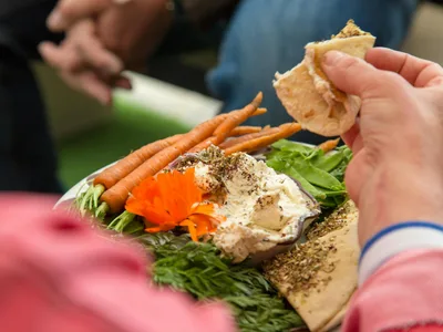 Palitos de cenoura laranja ao lado de tigela de homus cremoso com páprica